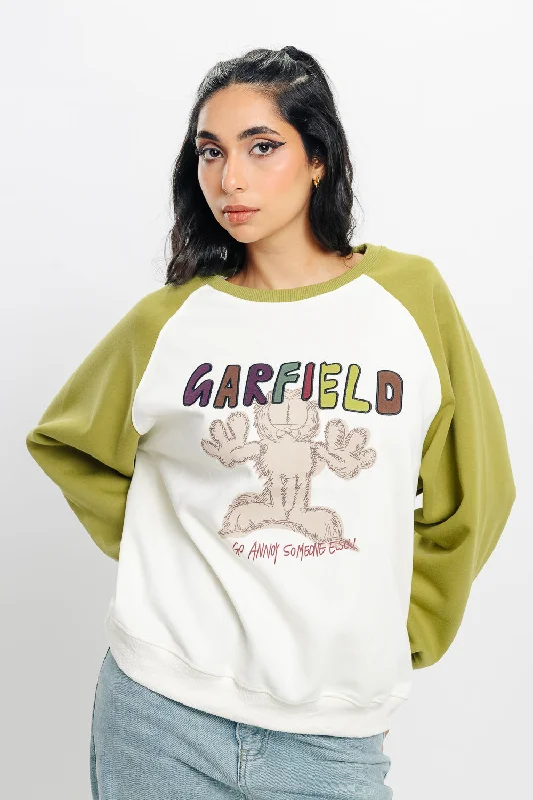 Women's denim jackets with a patchwork design for a bohemian and artsy styleWhite Garfield Oversized Sweatshirt Women's denim jackets with a patchwork design for a bohemian and artsy styleWhite Garfield Oversized Sweatshirt