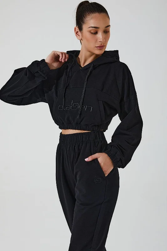 Women's sweatshirt with a mesh panel insert for breathability during workoutsWomen's Hoodie Croptop - Black Women's sweatshirt with a mesh panel insert for breathability during workoutsWomen's Hoodie Croptop - Black