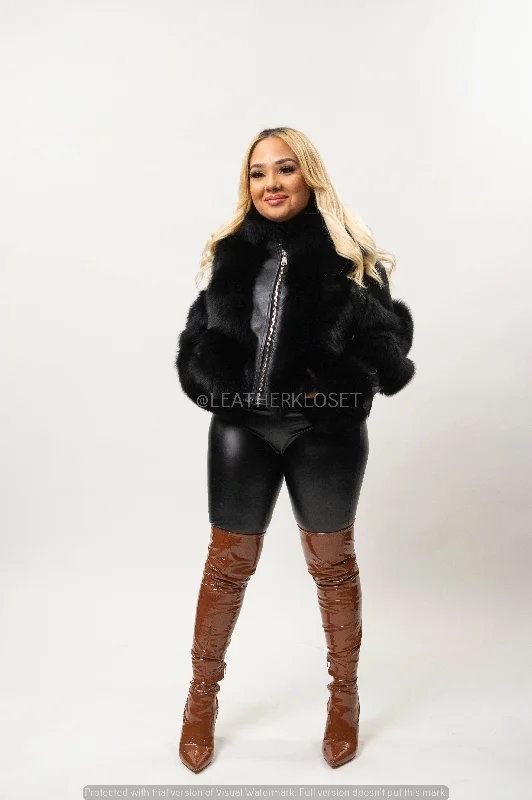 Women's cropped leather jackets with silver zippers for a punk - inspired outfitWomen's Leather And Fox Combo [Black/Black]
