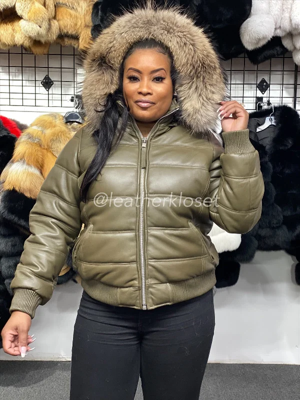 Women's cropped leather jackets with a fringe detail for a western - inspired outfitWomen's Leather Snorkel Bomber Jacket Premium Racoon Fur Hood [Olive]