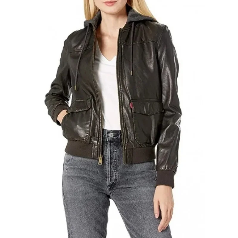 Women's cropped leather jackets with silver zippers for a punk - inspired outfitWomens simple two pocket black leather hooded bomber jacket Women's cropped leather jackets with silver zippers for a punk - inspired outfitWomens simple two pocket black leather hooded bomber jacket