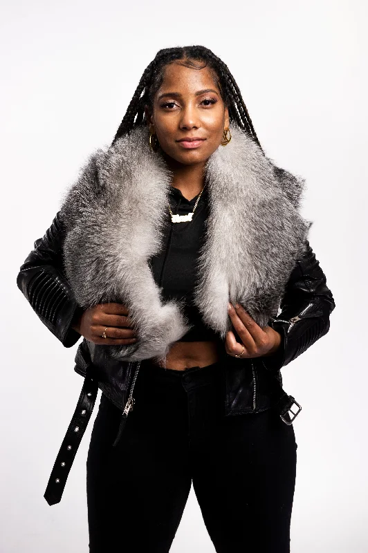 Women's military - style jackets with epaulets for a tough and fashionable appearanceWomen's Trey Biker Black Oversized Fox Collar [Silver Fox Fur]