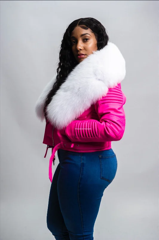 Women's denim jackets with a patchwork design for a bohemian and artsy styleWomen's Trey Biker Pink Oversized Fox Collar Women's denim jackets with a patchwork design for a bohemian and artsy styleWomen's Trey Biker Pink Oversized Fox Collar