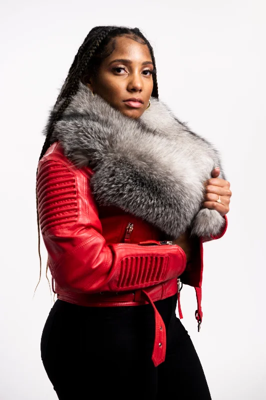 Women's cropped leather jackets with silver zippers for a punk - inspired outfitWomen's Trey Biker Red Oversized Fox Collar [Silver Fox Fur]