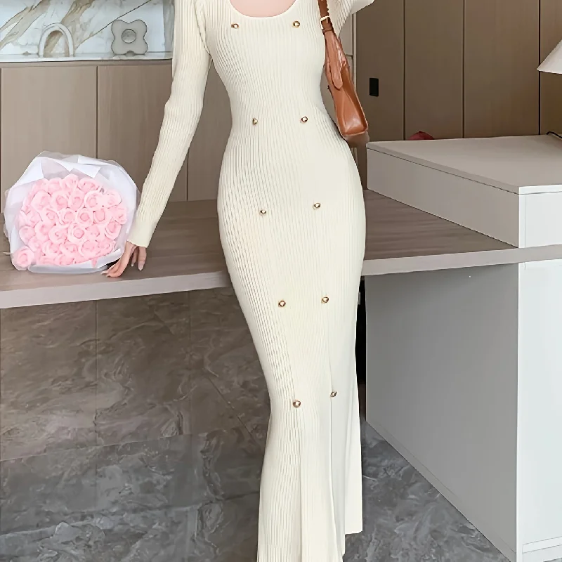Pleated Women Dress with a Timeless and Elegant Texture Pleated Women Dress with a Timeless and Elegant Texture Sixsr Ribbed Slim Solid Dress, Elegant Long Sleeve Dress For Spring & Fall, Women's Clothing