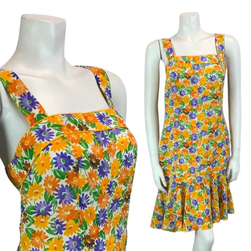 Sleeveless Women Dress in Bright Colors for Summer Parties Sleeveless Women Dress in Bright Colors for Summer Parties VINTAGE 60s 70s ORANGE YELLOW PURPLE GREEN FLORAL DAISY STRAPPY MIDI DRESS 12 14