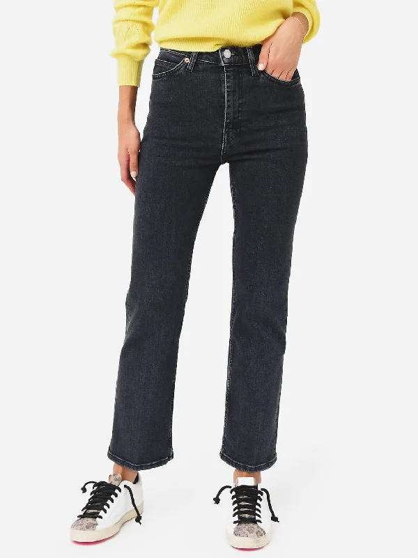 Women's low - rise denim pants Distressed women jeans for a trendy and edgy look 70S High Rise Stove Pipe Jean In Stoned Noir Women's low - rise denim pants Distressed women jeans for a trendy and edgy look 70S High Rise Stove Pipe Jean In Stoned Noir