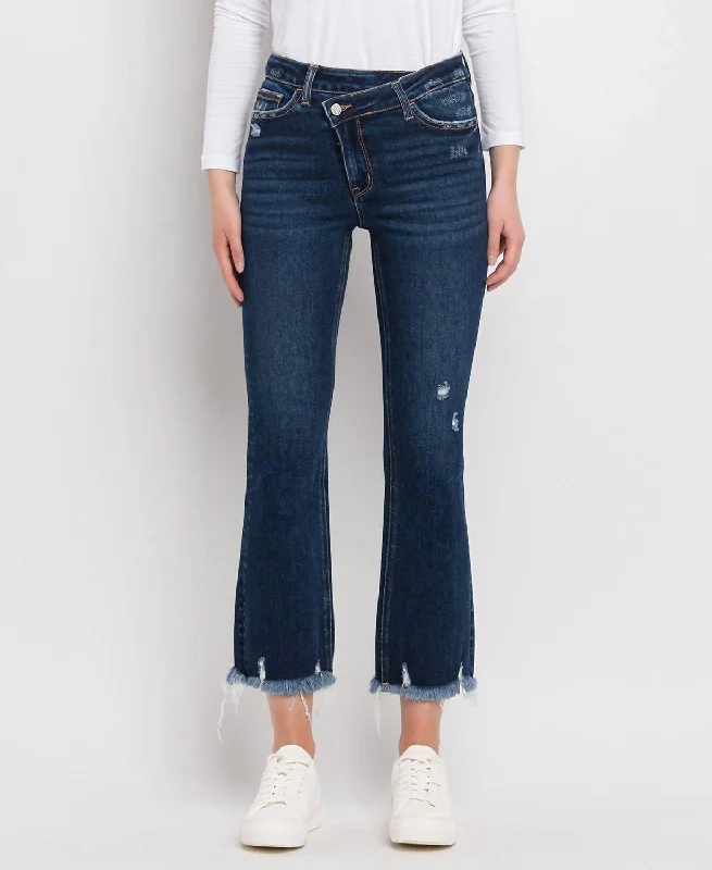 Women's hand - made artisanal pants Acid - wash women jeans with a retro finish Bella High Rise Crossover Waist Kick Flare Jeans In Dark Wash Women's hand - made artisanal pants Acid - wash women jeans with a retro finish Bella High Rise Crossover Waist Kick Flare Jeans In Dark Wash