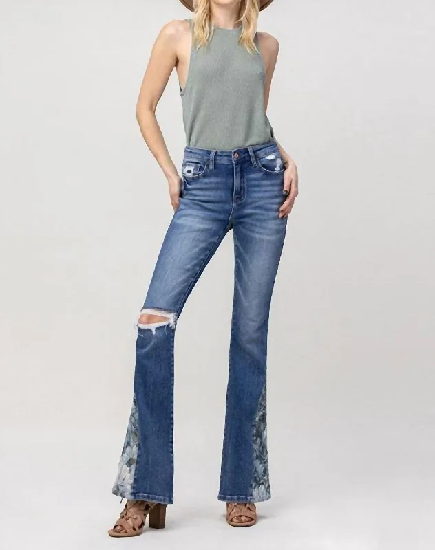 Women's pants for cocktail parties Distressed women jeans for a trendy and edgy look Brocade High Rise Stretch Flare With Panel In Blue Women's pants for cocktail parties Distressed women jeans for a trendy and edgy look Brocade High Rise Stretch Flare With Panel In Blue