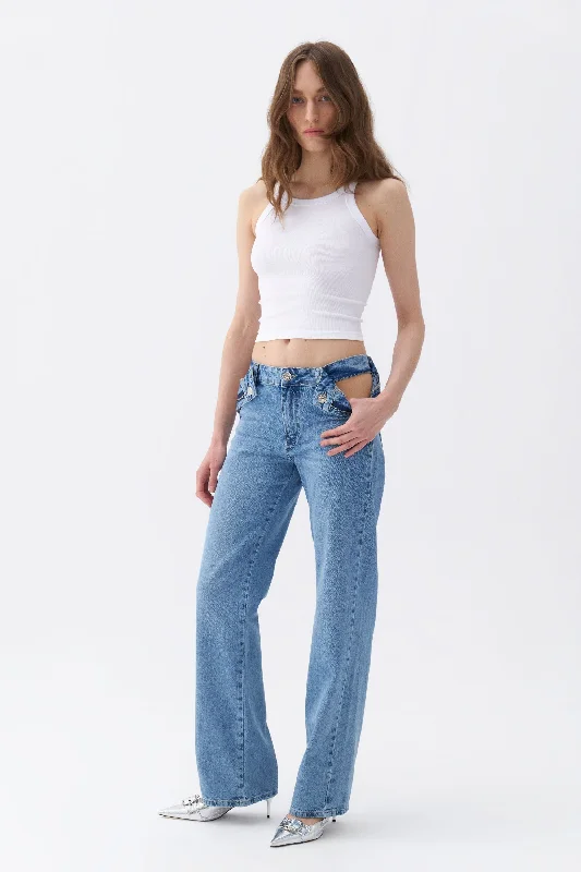 Women's low - rise denim pants Distressed women jeans for a trendy and edgy look Cut-Out Detailed High Waist Jeans