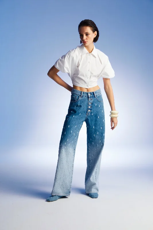 Women's pants with quick - dry fabric Button - fly women jeans with a traditional touch Gradient Wide Leg Jean Pants Women's pants with quick - dry fabric Button - fly women jeans with a traditional touch Gradient Wide Leg Jean Pants