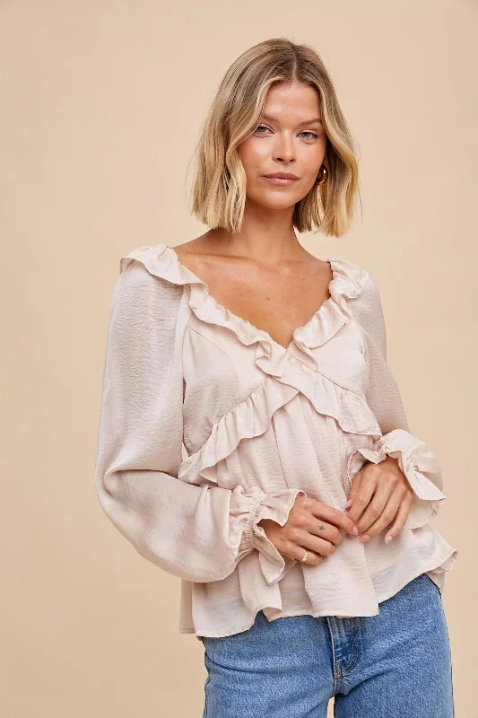 Ruffled Cuff Women Long Sleeve Top with a Feminine TouchAlmond Washed Satin Cross Ruffled Long Sleeve Blouse Ruffled Cuff Women Long Sleeve Top with a Feminine TouchAlmond Washed Satin Cross Ruffled Long Sleeve Blouse