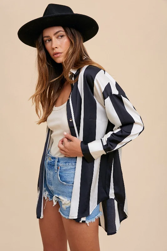 Printed Graphic Women Long Sleeve Top with a Bold StatementBlack Ivory Wide Striped Satin Relaxed Fit Woven Blouse Printed Graphic Women Long Sleeve Top with a Bold StatementBlack Ivory Wide Striped Satin Relaxed Fit Woven Blouse