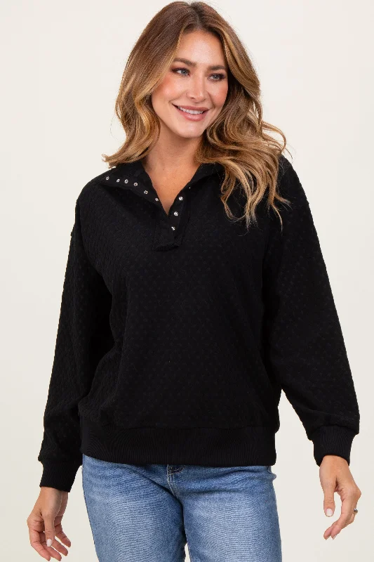 Black Quilted Knit Snap Collar Pullover Top