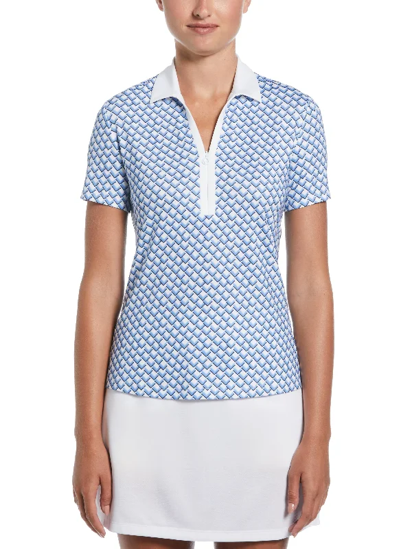 Womens Chevron Geo Print Golf Polo with Split Zip Placket