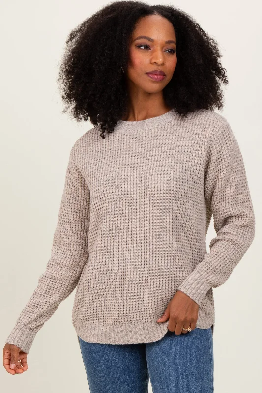 Ribbed Women Long Sleeve Top with a Textured AppealDark Beige Waffle Knit Rounded Hem Sweater Ribbed Women Long Sleeve Top with a Textured AppealDark Beige Waffle Knit Rounded Hem Sweater