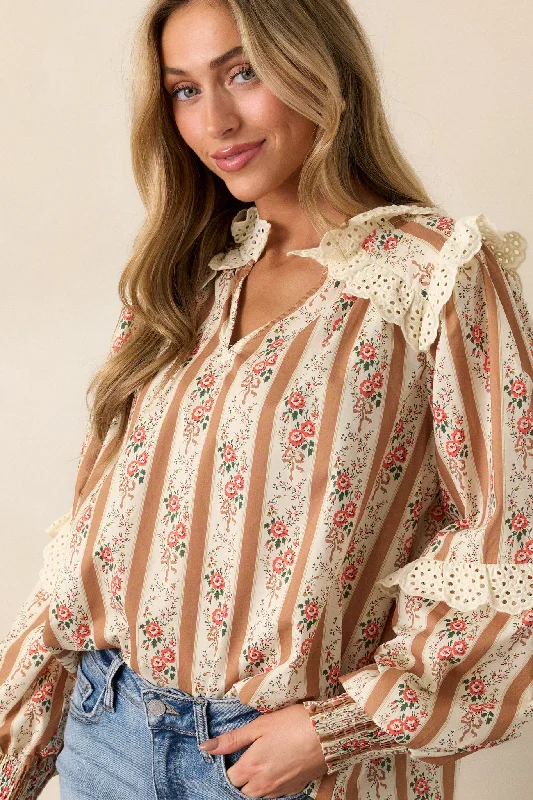 Pocket - Equipped Women Long Sleeve Top for Added FunctionalityEmbers of Hope 100% Cotton Camel Floral Blouse Pocket - Equipped Women Long Sleeve Top for Added FunctionalityEmbers of Hope 100% Cotton Camel Floral Blouse