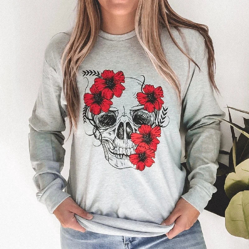 Organic Cotton Women Long Sleeve Top for Eco - Friendly ComfortFloral Skull • Gray Long Sleeved Organic Cotton Women Long Sleeve Top for Eco - Friendly ComfortFloral Skull • Gray Long Sleeved