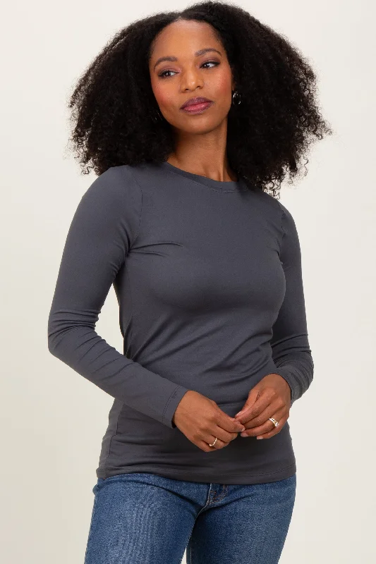 Plaid Women Long Sleeve Top for a Preppy VibeGrey Microfiber Basic Long Sleeve Top