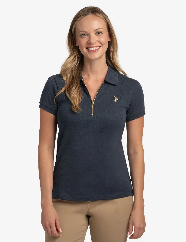 HALF ZIP PUFF SLEEVE HEATHER POLO SHIRT