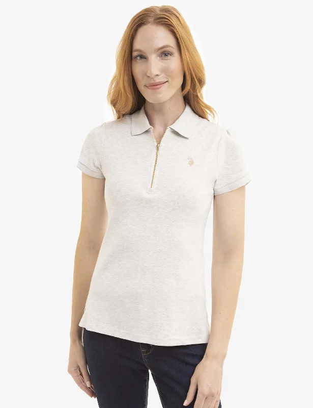 HALF ZIP PUFF SLEEVE HEATHER POLO SHIRT