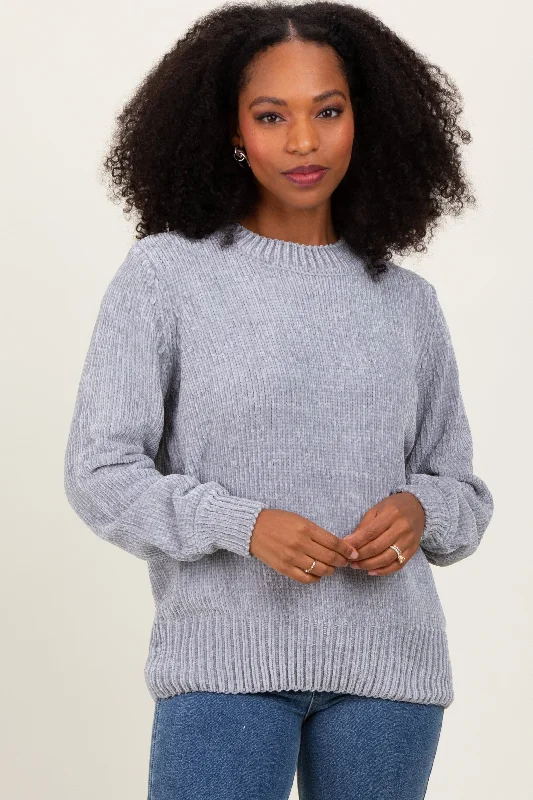 Pocket - Equipped Women Long Sleeve Top for Added FunctionalityHeather Grey Chenille Knit Sweater Pocket - Equipped Women Long Sleeve Top for Added FunctionalityHeather Grey Chenille Knit Sweater