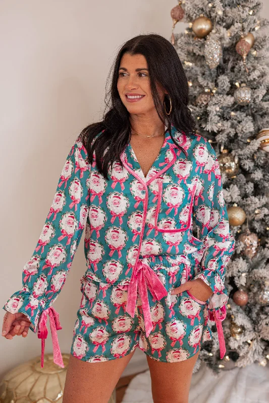 Ruffled Hem Women Shorts to Add a Feminine TouchHello Santa Teal Pajama Set