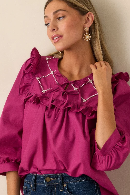 Printed Graphic Women Long Sleeve Top with a Bold StatementIt Happens Dark Fuchsia Ruffle Puff Sleeve Top Printed Graphic Women Long Sleeve Top with a Bold StatementIt Happens Dark Fuchsia Ruffle Puff Sleeve Top