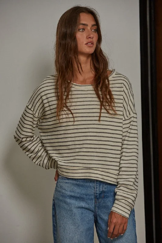 Lace - Trimmed Women Long Sleeve Top for an Elegant LookIvory Black Striped Top