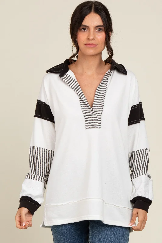 Metallic Accent Women Long Sleeve Top for a Glamorous LookIvory Striped Colorblock Collared Pullover Top Metallic Accent Women Long Sleeve Top for a Glamorous LookIvory Striped Colorblock Collared Pullover Top