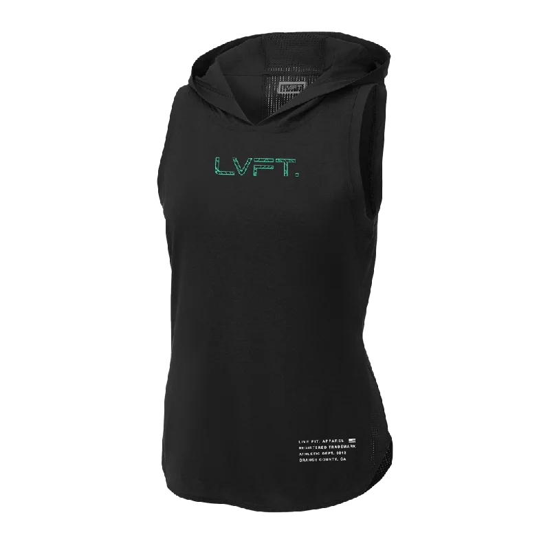 Women's Cropped Tank Tops with Vintage Band LogosLadies Vector Sleeveless Hoodie - Black / Teal Women's Cropped Tank Tops with Vintage Band LogosLadies Vector Sleeveless Hoodie - Black / Teal