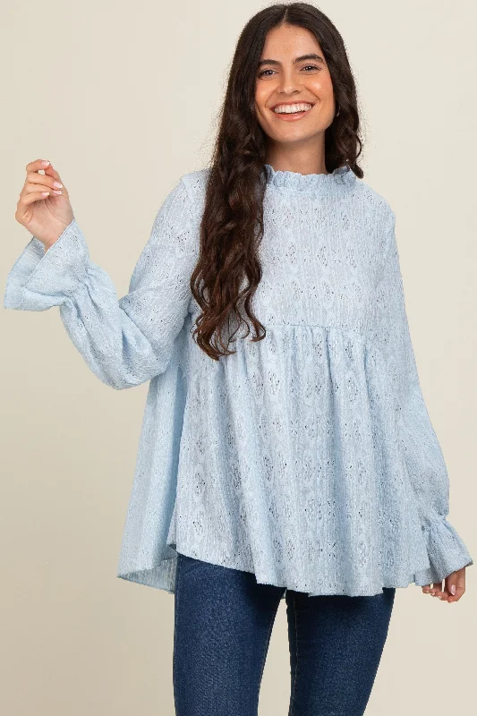 Pocket - Equipped Women Long Sleeve Top for Added FunctionalityLight Blue Lace Ruffled Neck Top Pocket - Equipped Women Long Sleeve Top for Added FunctionalityLight Blue Lace Ruffled Neck Top