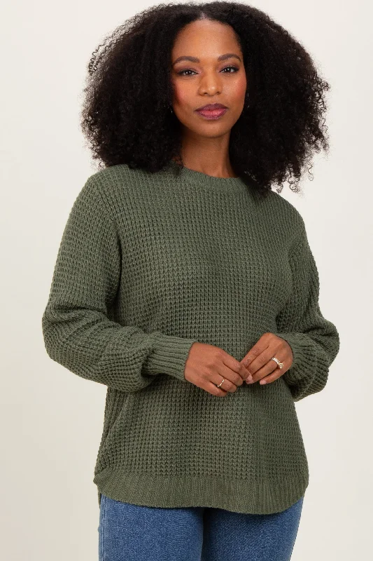 Pocket - Equipped Women Long Sleeve Top for Added FunctionalityLight Olive Waffle Knit Rounded Hem Sweater Pocket - Equipped Women Long Sleeve Top for Added FunctionalityLight Olive Waffle Knit Rounded Hem Sweater