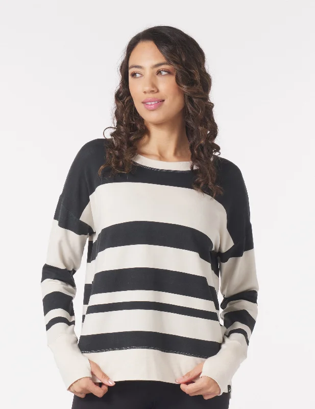 Cropped Women Long Sleeve Top to Pair with High - Waisted BottomsLounge Long Sleeve: Black/Oatmilk Variegated Stripes Cropped Women Long Sleeve Top to Pair with High - Waisted BottomsLounge Long Sleeve: Black/Oatmilk Variegated Stripes