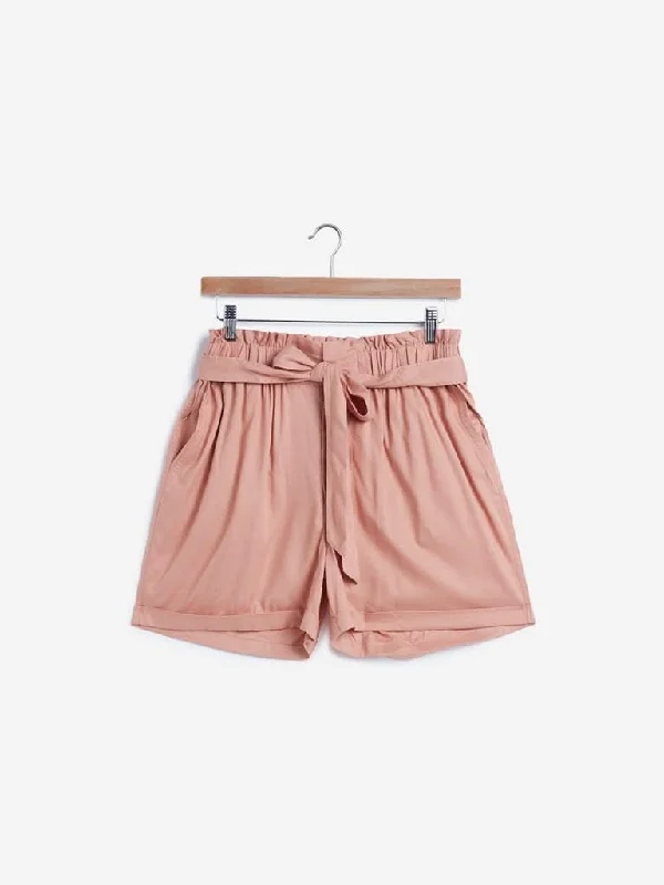 Embroidered Women Shorts with Intricate DesignsLOV Peach Paper-Bag Shorts with Belt
