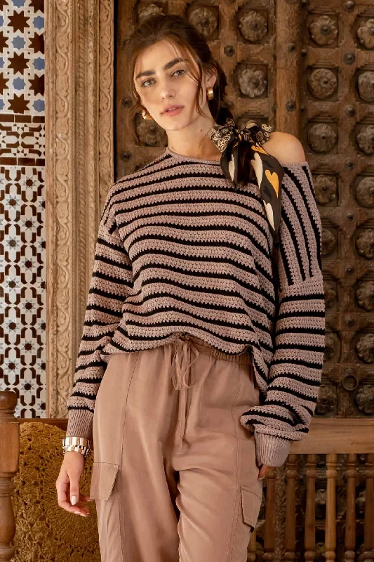 Floral Printed Women Long Sleeve Top for a Romantic LookMocha Striped Sweater