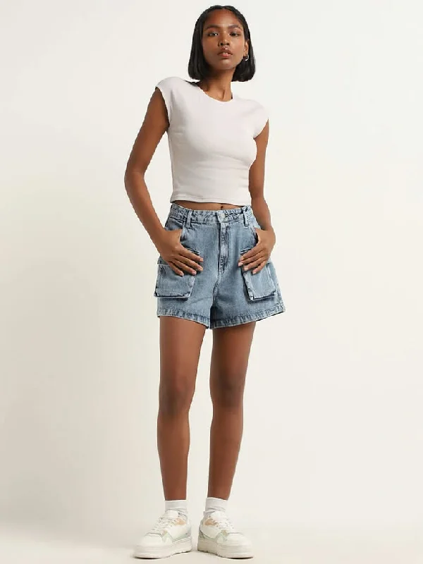 Nuon Blue Enzyme Washed High-Rise Denim Shorts