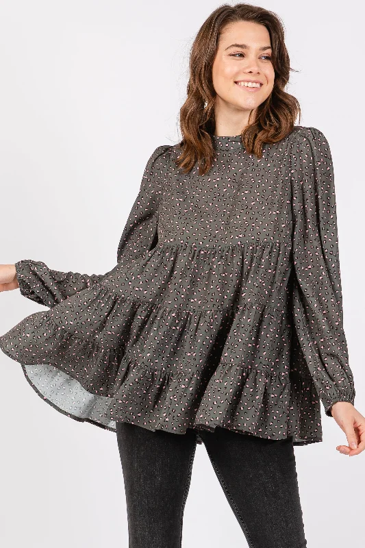 Cropped Women Long Sleeve Top to Pair with High - Waisted BottomsOlive Animal Print Mock Neck Tiered Top Cropped Women Long Sleeve Top to Pair with High - Waisted BottomsOlive Animal Print Mock Neck Tiered Top