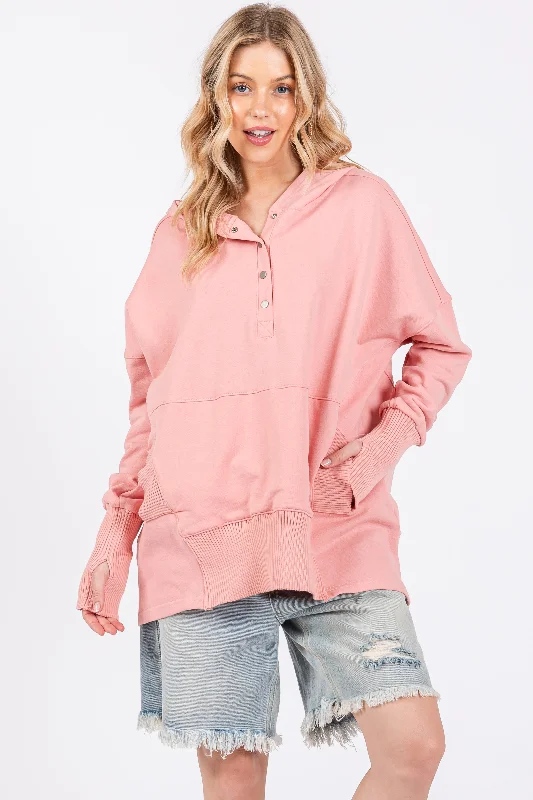 Mock Neck Women Long Sleeve Top for a Modern AestheticPink Button Front Ribbed Trim Hooded Sweatshirt Mock Neck Women Long Sleeve Top for a Modern AestheticPink Button Front Ribbed Trim Hooded Sweatshirt