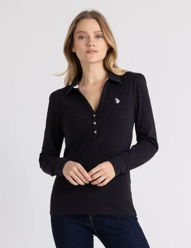 SPLIT NECK LONG SLEEVE RIB POLO SHIRT