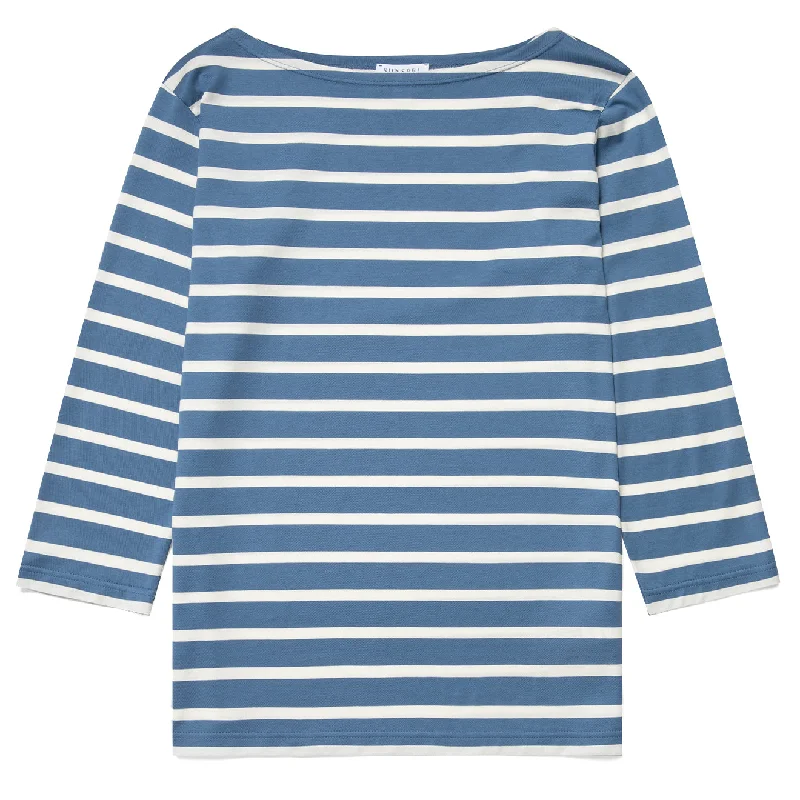Geo - print polo shirt for a contemporary styleSunspel Womens 3/4 Sleeve Boat Neck T-Shirt Bluestone / Ecru Breton Stripe Geo - print polo shirt for a contemporary styleSunspel Womens 3/4 Sleeve Boat Neck T-Shirt Bluestone / Ecru Breton Stripe