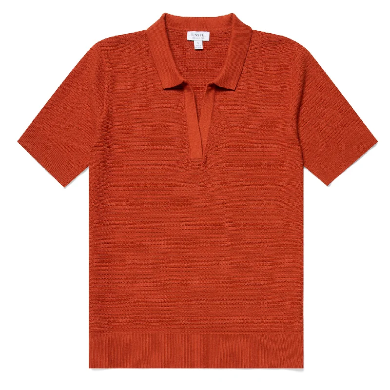 Polo shirt with a detachable hood for added versatilitySunspel Womens Archive Knit Polo Burnt Sienna Polo shirt with a detachable hood for added versatilitySunspel Womens Archive Knit Polo Burnt Sienna