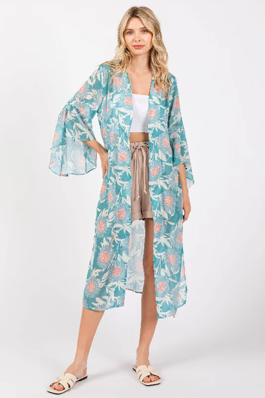 Ribbed Women Long Sleeve Top with a Textured AppealTeal Floral Bell Sleeve Cover-Up