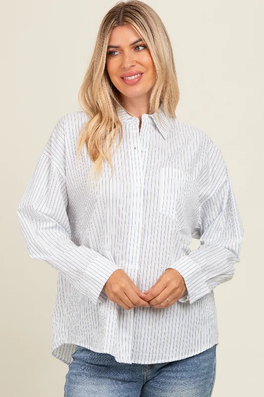 Pocket - Equipped Women Long Sleeve Top for Added FunctionalityWhite Striped Button Down Top Pocket - Equipped Women Long Sleeve Top for Added FunctionalityWhite Striped Button Down Top