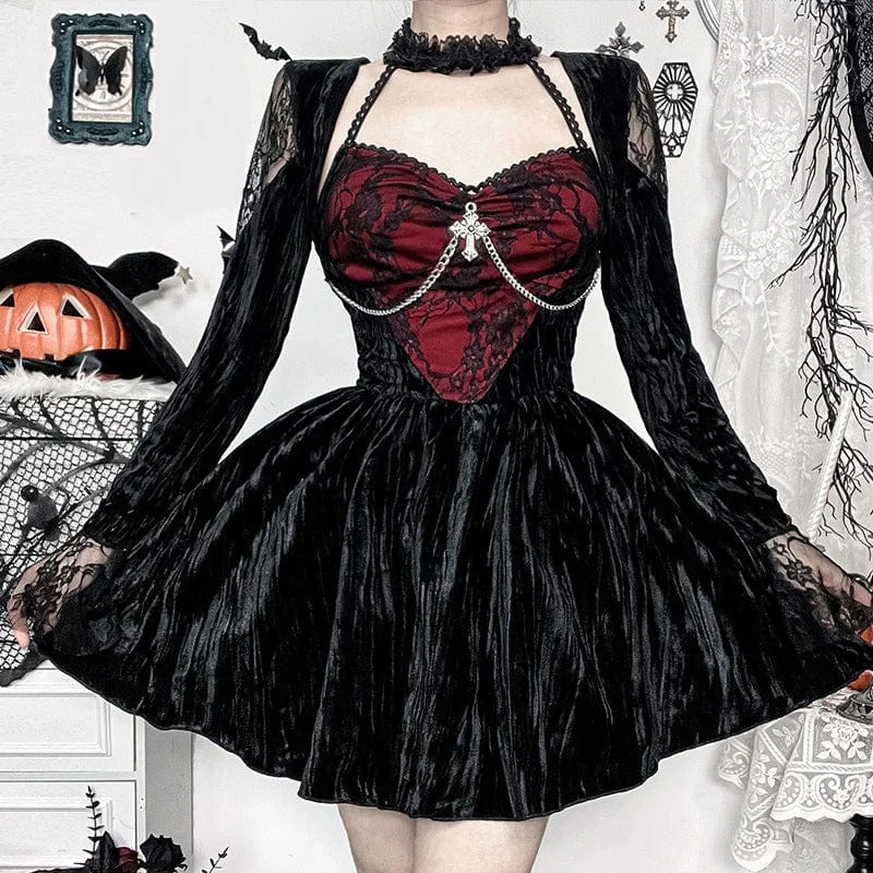 Puffer - Sleeve Women Long Sleeve Top for a Fashion - Forward LookWomen's Gothic Cross Lace Short Dress Black Red Puffer - Sleeve Women Long Sleeve Top for a Fashion - Forward LookWomen's Gothic Cross Lace Short Dress Black Red