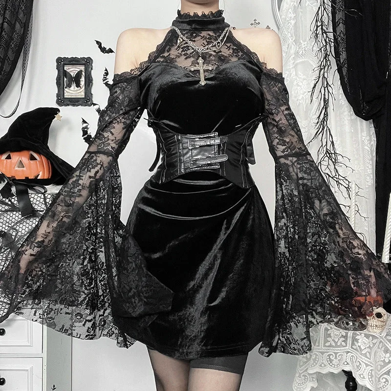 Lightweight Women Long Sleeve Top for Spring and AutumnWomen's Gothic Lace Velvet Halter Short Dress Lightweight Women Long Sleeve Top for Spring and AutumnWomen's Gothic Lace Velvet Halter Short Dress