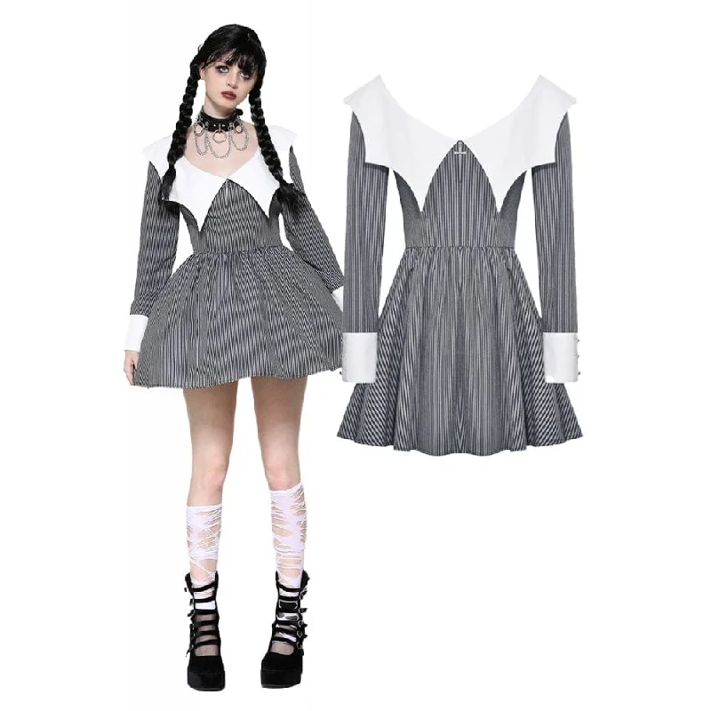 Wrap - Style Women Long Sleeve Top for a Versatile FitWomen's Gothic Lolita Bat Striped Short Dress Gray White