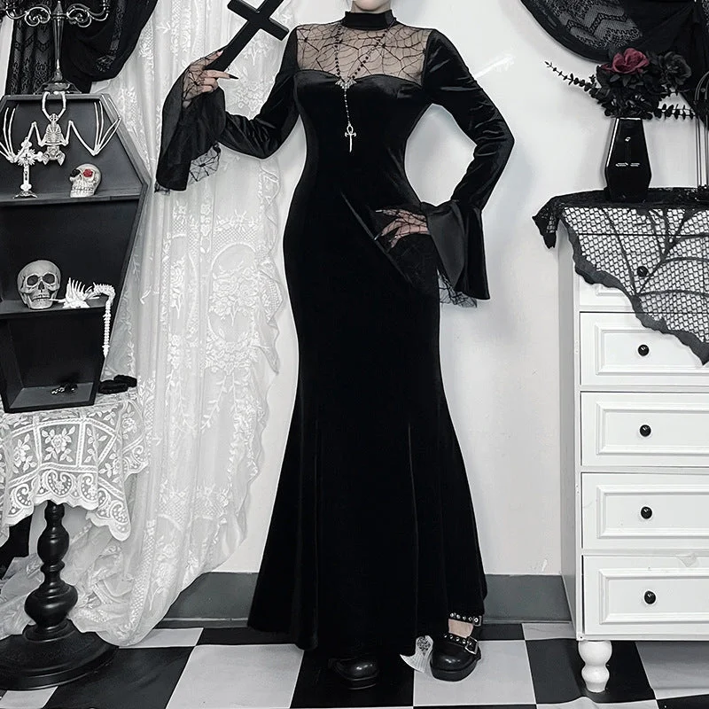 Lace - Trimmed Women Long Sleeve Top for an Elegant LookWomen's Gothic Spider Mesh Lace Maxi Dress Lace - Trimmed Women Long Sleeve Top for an Elegant LookWomen's Gothic Spider Mesh Lace Maxi Dress