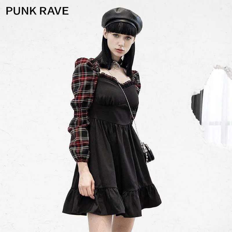 Women's Grunge Plaid Sleeve Splicing  Falbala Hem Dresses