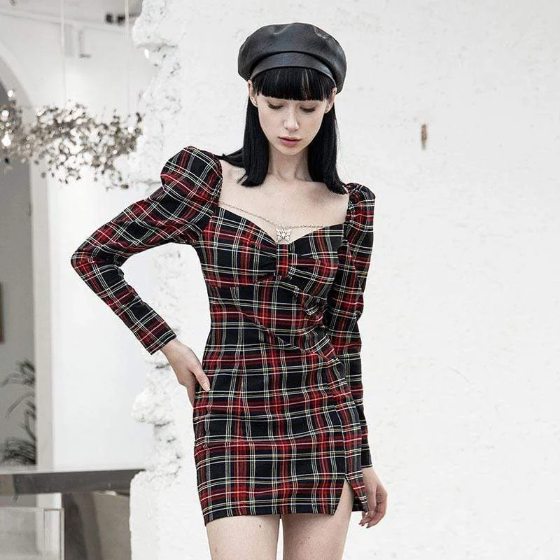 Women's Grunge Square Collar Contrast Color Plaid Dresses